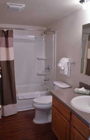 Hair dryer, towels, soap, toilet paper