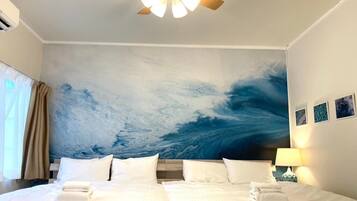 Desk, laptop workspace, blackout curtains, iron/ironing board