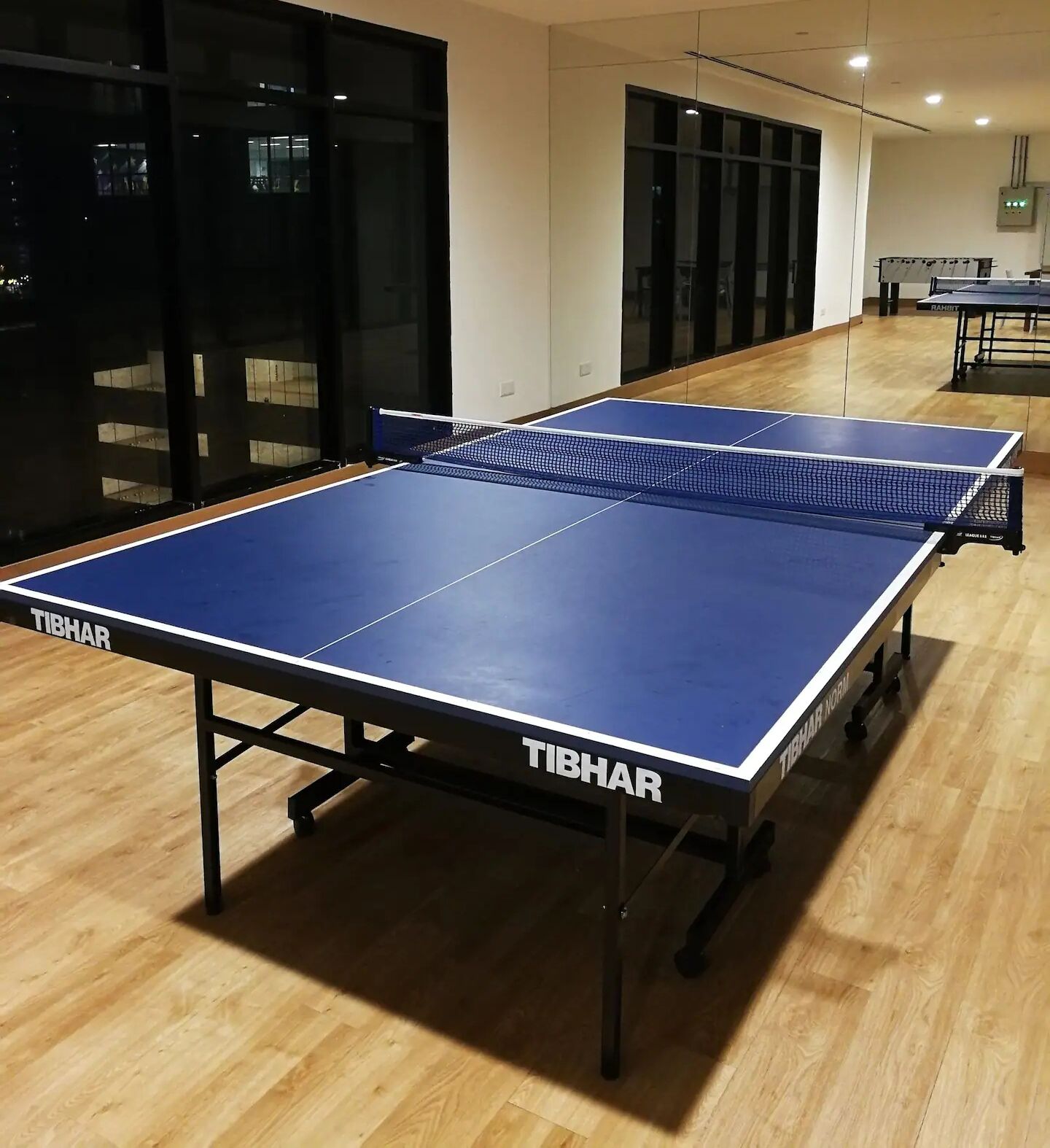 A table tennis table with the brand name 'TIBHAR' in a room with wooden flooring and glass doors.