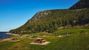 A coastal park with picnic tables and a mountain backdrop.