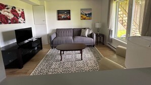 Ein Wohnzimmer mit grauem Sofa, einem gemusterten Teppich, einem Flachbildfernseher und Kunstwerken an den Wänden.