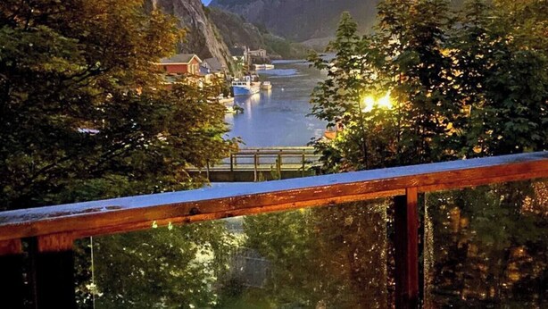 Una vista panoramica di un fiume con barche, circondato da alberi e un ponte di legno.