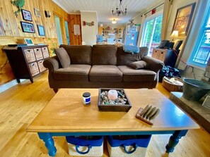 Smart TV, fireplace, DVD player, books