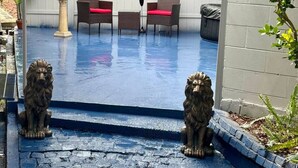 Zona de piscina con dos estatuas de leones, una zona de estar cubierta y un cartel que dice "ROMA".