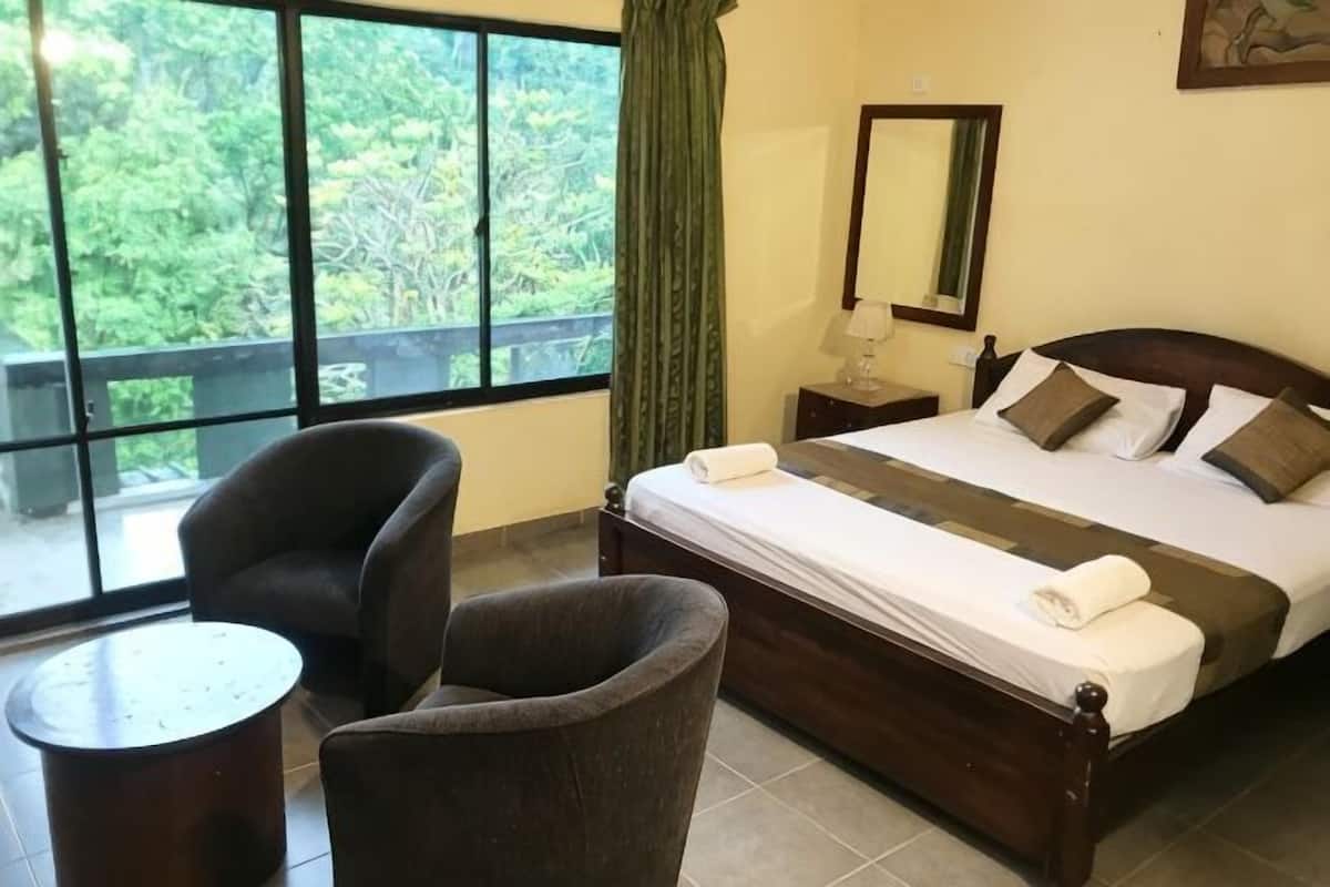 A bedroom with a bed, a chair, a small table, a nightstand, a window with a view of trees, and a mirror on the wall.