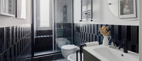 Regadera, secadora de cabello, bidet, toallas