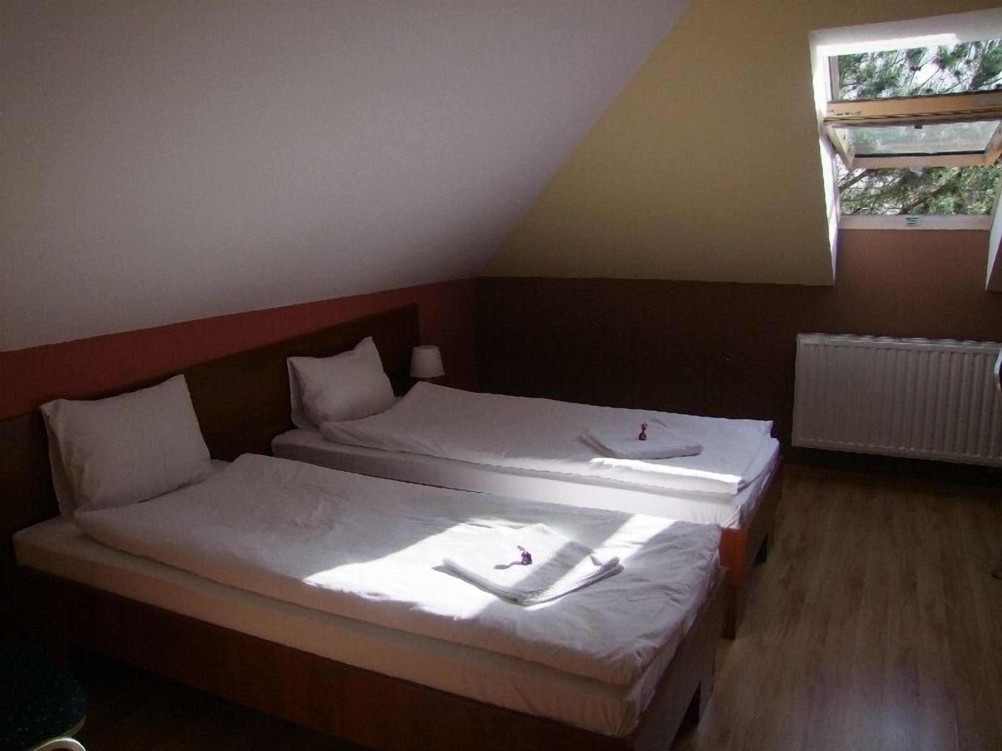 Ein Zimmer mit zwei Einzelbetten, einem Fenster mit Blick auf Bäume und einem Heizkörper an der Wand.