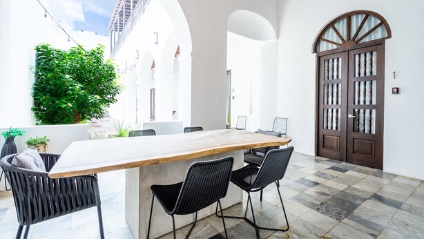 Un comedor espacioso con una larga mesa de madera y cuatro sillas negras, una planta verde grande y vistas a un edificio blanco con arcos.