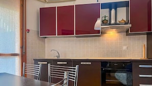 A modern kitchen with dark cabinetry, a stainless steel sink, and an oven.