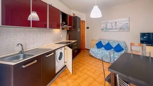 A compact kitchen with a built-in washing machine, a dining area with a patterned sofa, and a TV.