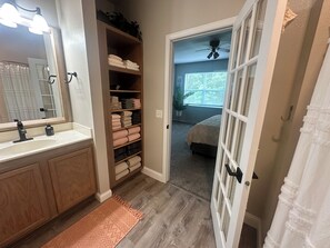 Hair dryer, towels, soap, toilet paper