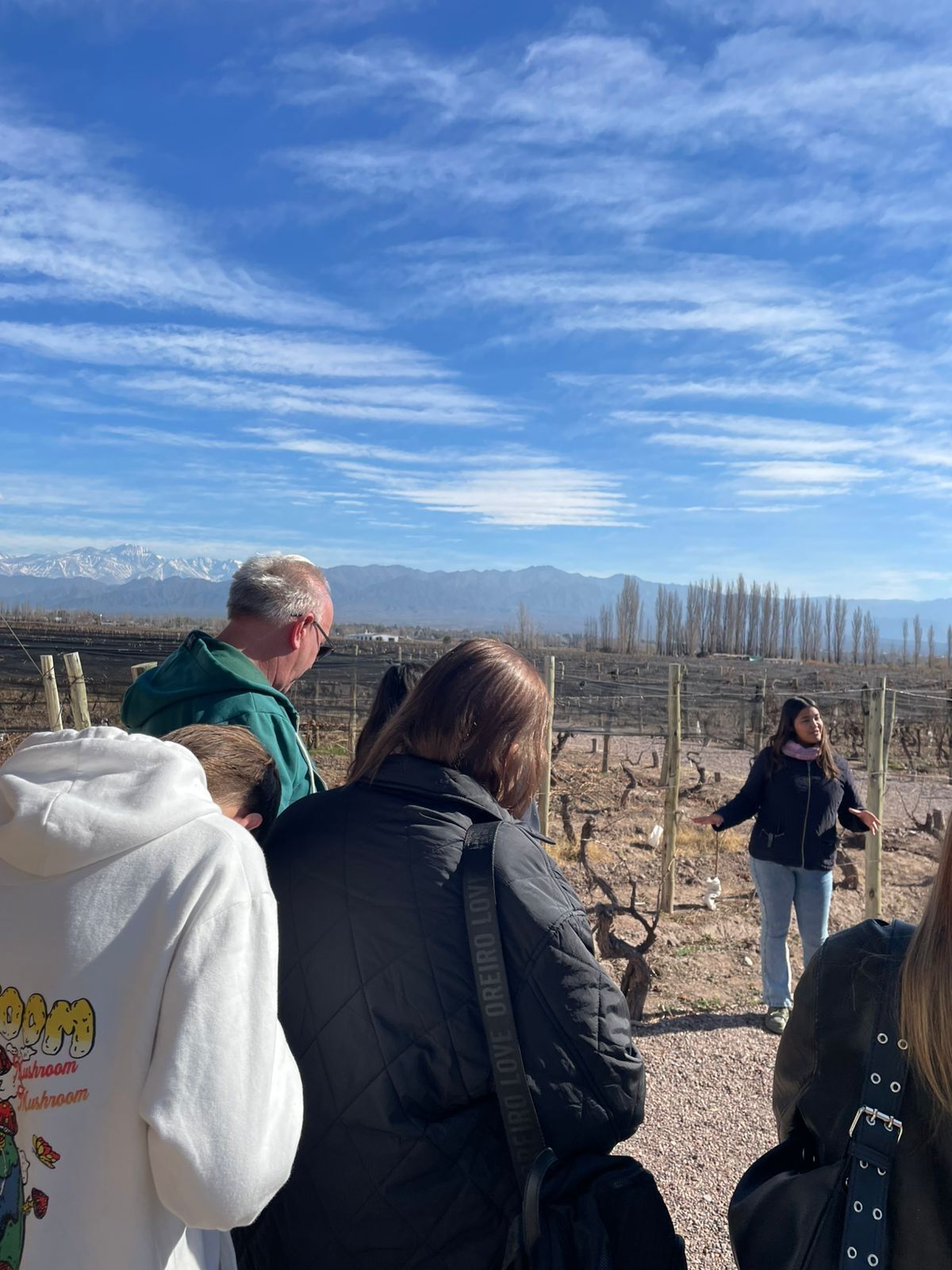 Un grupo de personas al aire libre observando un paisaje montañoso con cielo despejado.