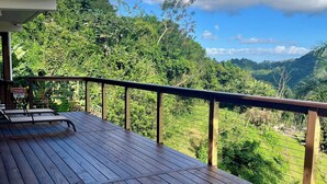 Una terraza de madera con barandal metálico, con vistas a un paisaje verde exuberante y un cielo azul despejado.