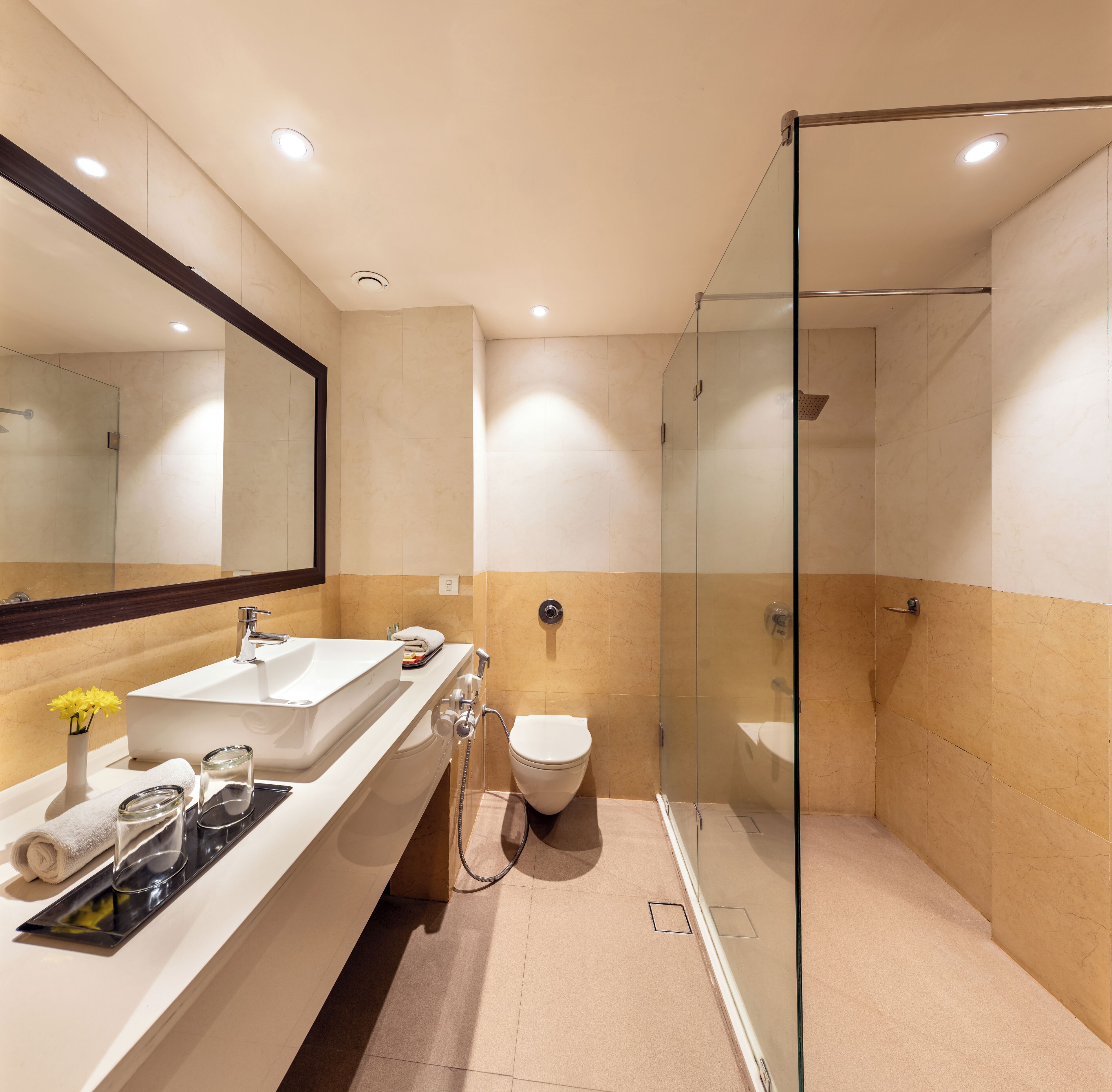 Ducha, cabezal de ducha tipo lluvia, secador de pelo, pantuflas