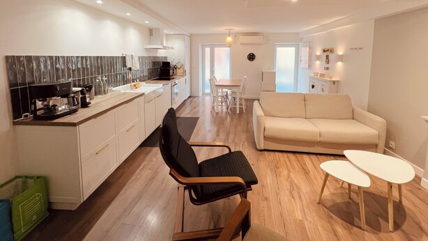 Un appartement moderne comprenant une cuisine, un coin repas et un salon.