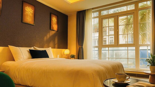 A hotel room with a large bed, a small table with a cup and saucer, a potted plant, and a window with a view of palm trees. - MACALLAN HOTEL Phu My Hung- SECC (Ho Chi Minh City)