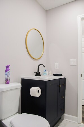A bathroom with a toilet, sink, and mirror. - Fayetteville Elite Escape – Close to Base & VA Hospitals (Fayetteville)