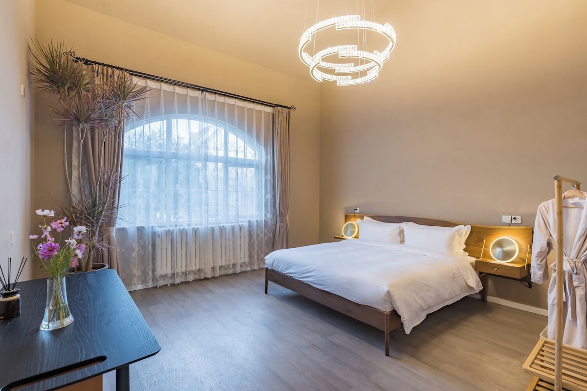 A modern hotel room with a large bed, a bedside table with a lamp, a robe rack, and a view of the outdoors through sheer curtains.