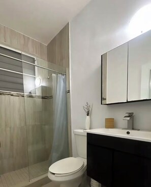 Shower, hair dryer, towels, soap