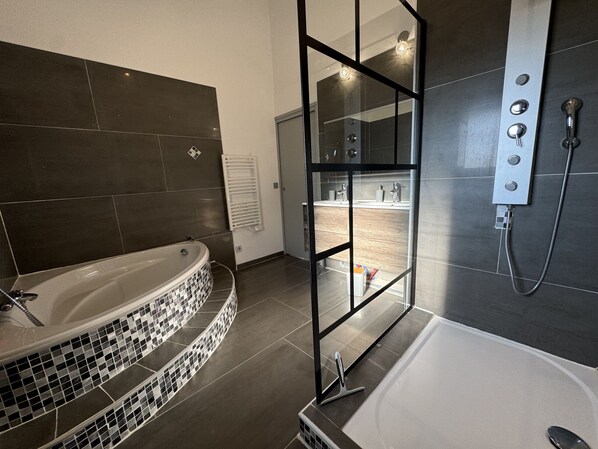 Shower, hair dryer, towels