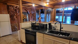Una cocina con estufa negra, un lavamanos y una ventana con vistas a un paisaje nevado.
