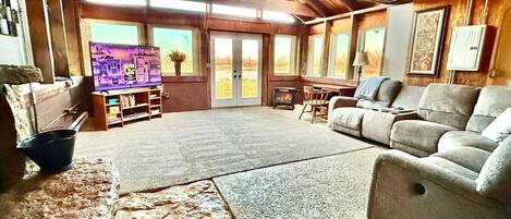 TV, fireplace, books