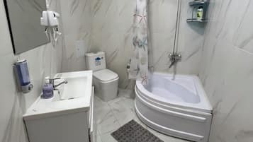 Regadera, secadora de cabello, toallas, papel de baño