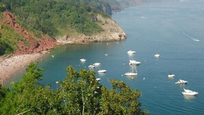 A coastal area with boats on the water, a beach, and a forested hillside.