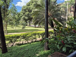 Um jardim exuberante com diversas árvores e arbustos, um caminho pavimentado e uma vista distante de um edifício.