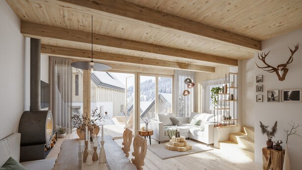 Un ampio soggiorno con soffitto in legno, zona pranzo con un tavolo lungo e sedie, un divano e un camino.