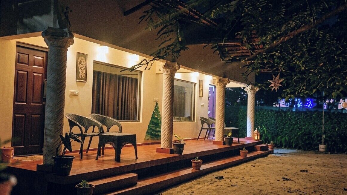 A covered outdoor area with a wooden deck, potted plants, and a Christmas tree.
