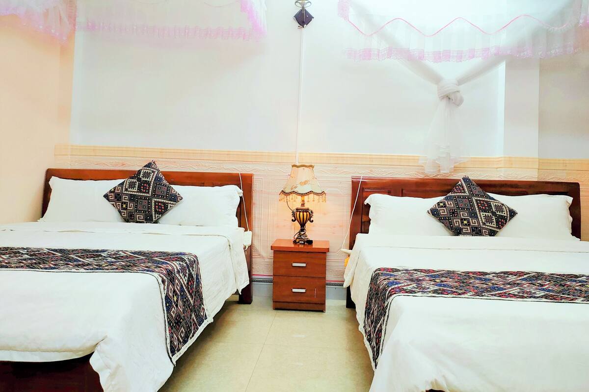 A hotel room with two beds, each with patterned pillows and a quilt. There is a nightstand with a lamp between the beds.