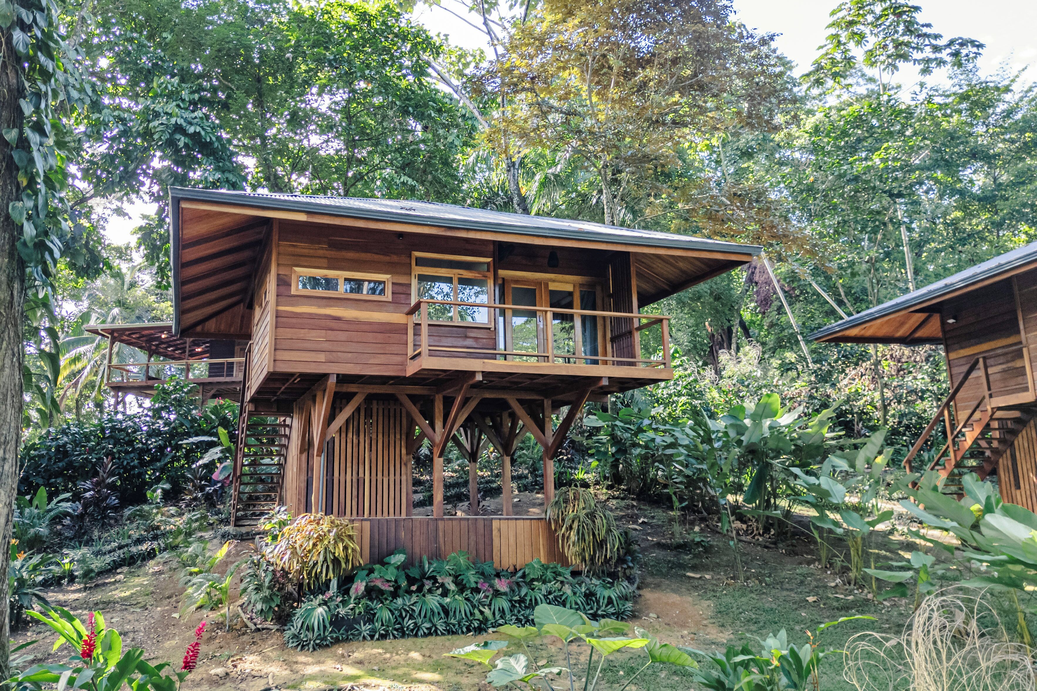 A wooden cabin with a balcony, surrounded by lush vegetation.