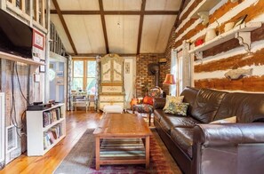 Smart TV, fireplace, books