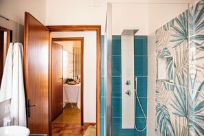 Shower, hair dryer, bidet, towels