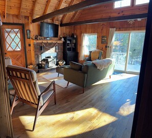 TV connectée, cheminée, livres