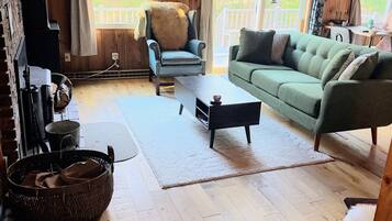 Smart TV, fireplace, books