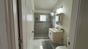 Une salle de bain équipée d’une douche, de toilettes, d’un lavabo et d’un miroir.