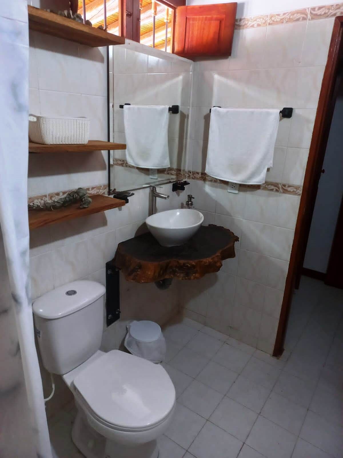 Ein kleines Badezimmer mit Toilette in Weiß, einem Waschbecken mit Holzauskleidung und einem Spiegel darüber.