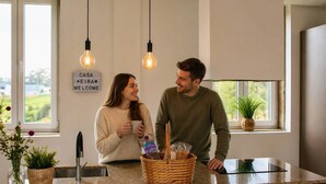 A modern kitchen with a granite countertop, hanging light bulbs, a welcome sign, and a view of greenery outside. - Casa da Eira - Rural Retreat (Vilar)