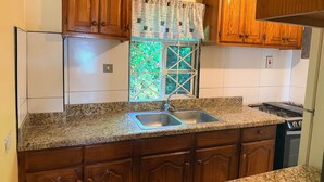 A kitchen with wooden cabinets, a granite countertop, a stainless steel sink, and a window with a view of greenery. - Pampered in paradise - two b/r penthouse Ocho Rios (Ocho Rios)