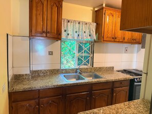A kitchen with wooden cabinets, a granite countertop, a stainless steel sink, and a window with a view of greenery. - Pampered in paradise - two b/r penthouse Ocho Rios (Ocho Rios)