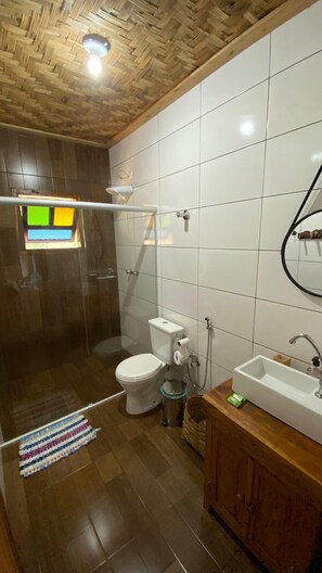 Shower, towels, soap, toilet paper
