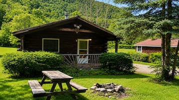 A rustic cabin with a front porch, a picnic table, and a fire pit.