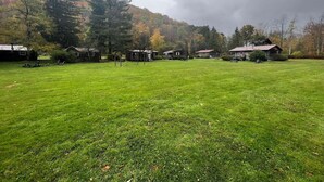 A grassy field with several wooden cabins and a large tree in the background.