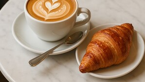 Una taza de café con arte latte sobre un plato, un croissant en un plato y una cuchara en el plato.