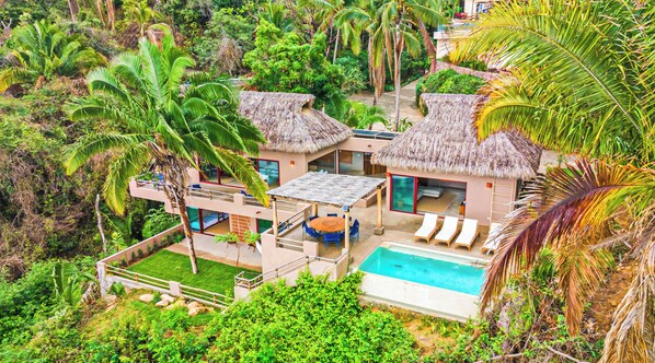 Een modern resort met twee villas met rieten daken, een zwembad en weelderige tropische begroeiing.