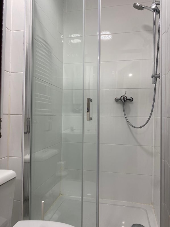 Une cabine de douche fermée par des parois en verre, équipée d’un pommeau de douche à main et d’un robinet à main.