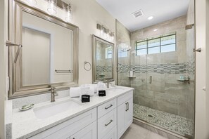 Shower, hair dryer, towels