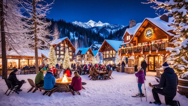 A snow-covered outdoor area with wooden buildings, a fire pit, and a mountainous backdrop.